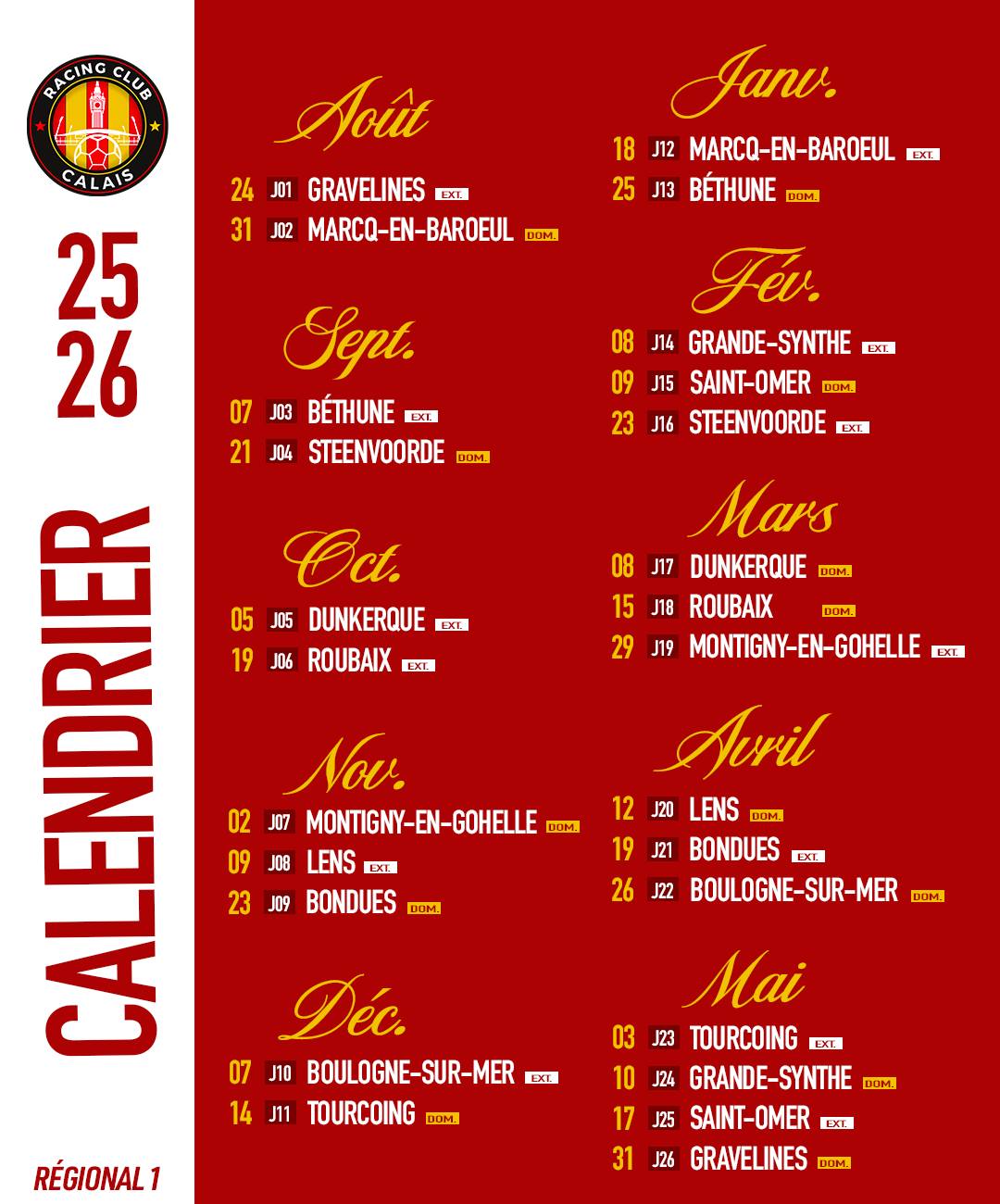 Calendrier complet R1 2025/2026